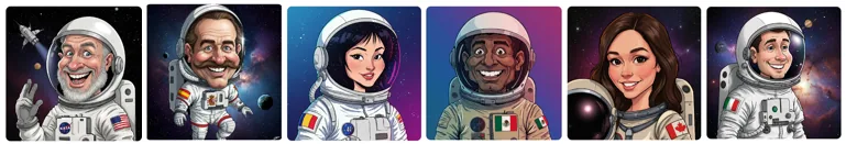 Os seis astronautas personagens do Galactic Quest