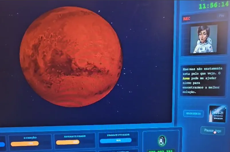 Tela do game com Marte e comunicação com a tripulação