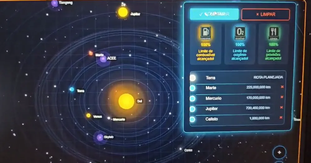 Tela do game com o mapa do sistema solar e o painel da missão